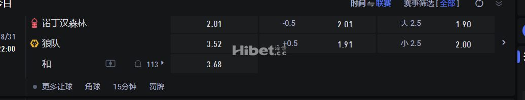 英格兰超级联赛  8/31 22:00 诺丁汉森林 VS狼队