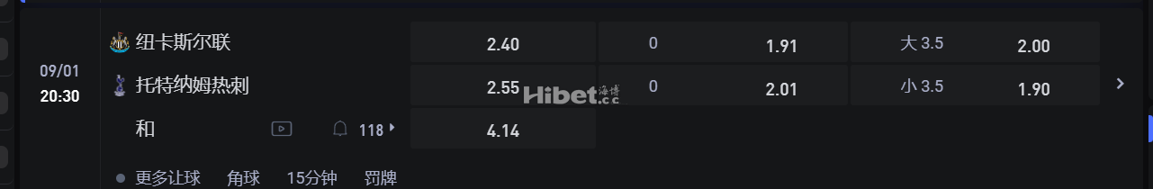 英格兰超级联赛  9/01 20:30 纽卡斯尔联 VS托特纳姆热刺
